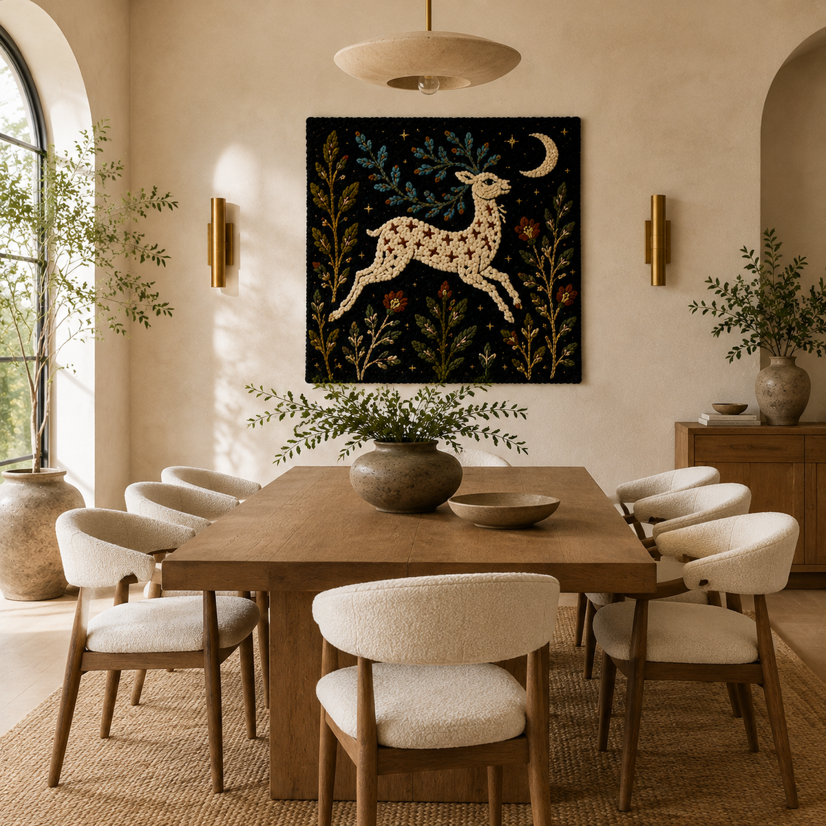 Hewn Earth Moonlit Meadow Deer wall art, nature scene featuring a deer in a moonlit meadow with lush greenery.