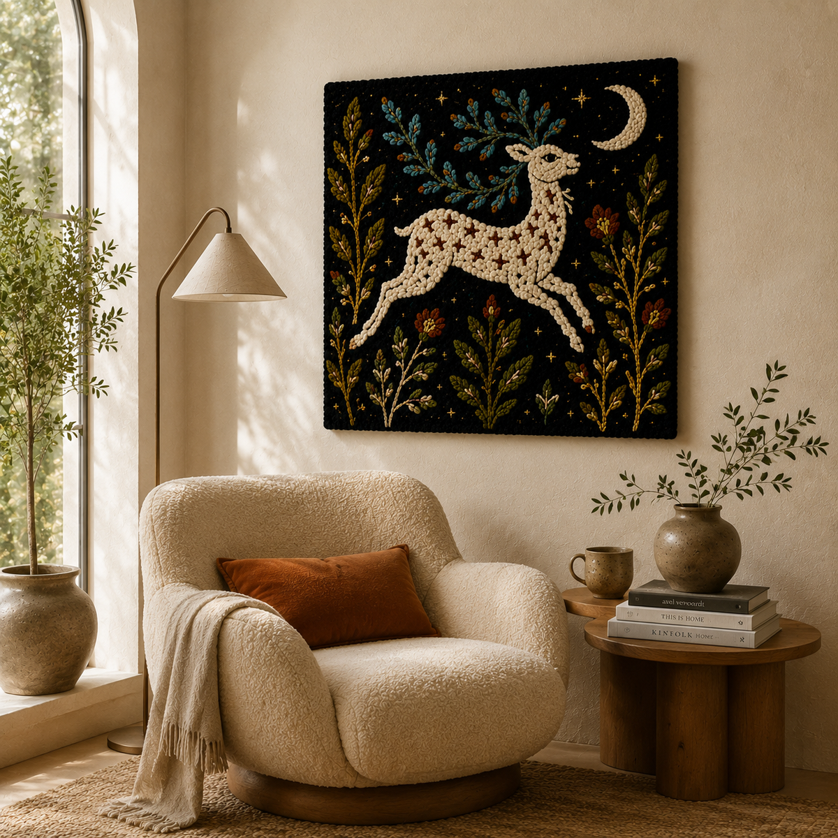 Hewn Earth Moonlit Meadow Deer wall art featuring a serene deer silhouette in a moonlit meadow scene.