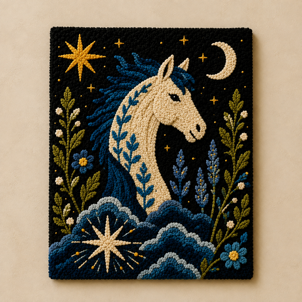 Hewn Earth Tidal Moon Horse wall art featuring a celestial horse design on a textured background, modern and artistic home decor.