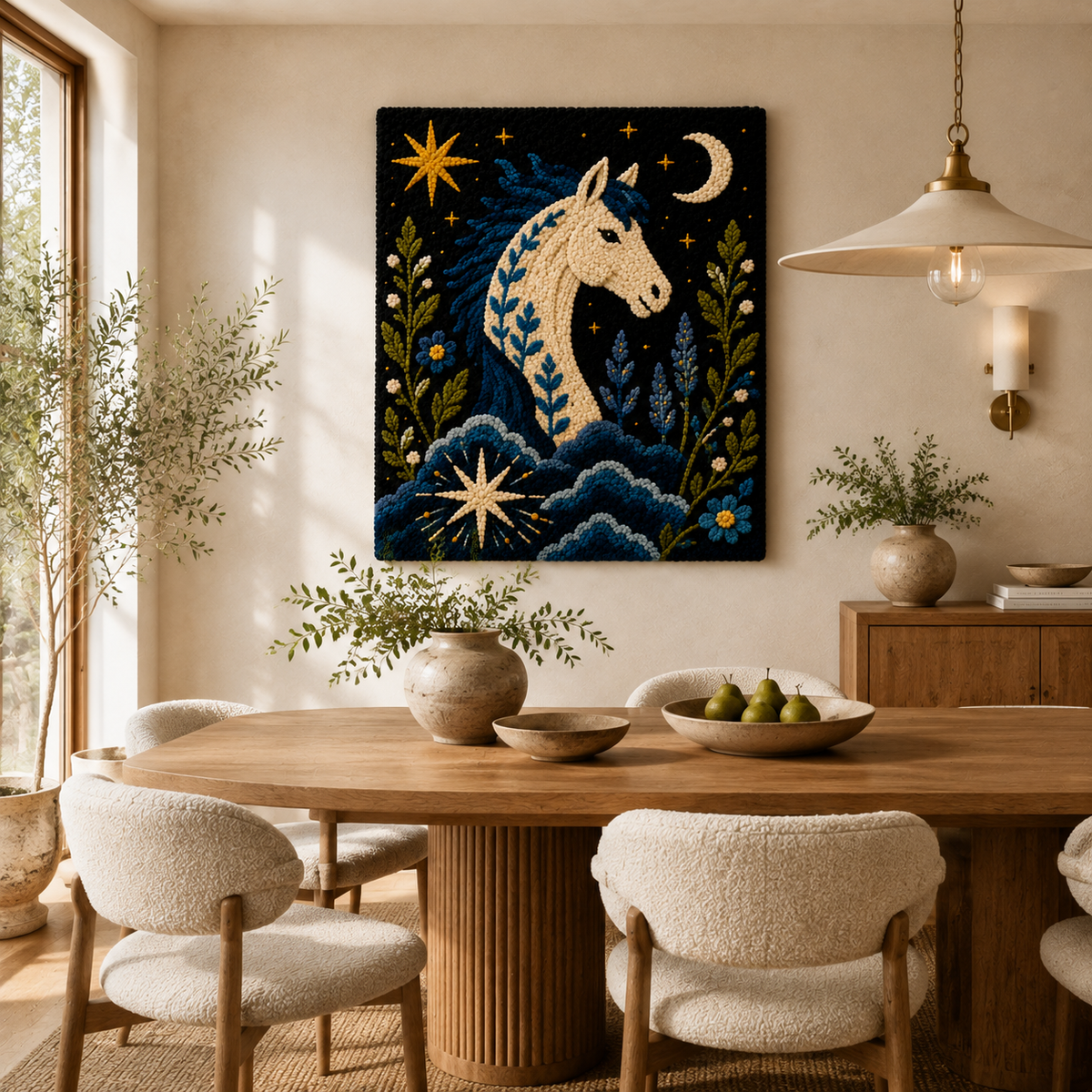 Hewn Earth Tidal Moon Horse wall art featuring a moonlit horse silhouette on textured background, ideal for home decor.