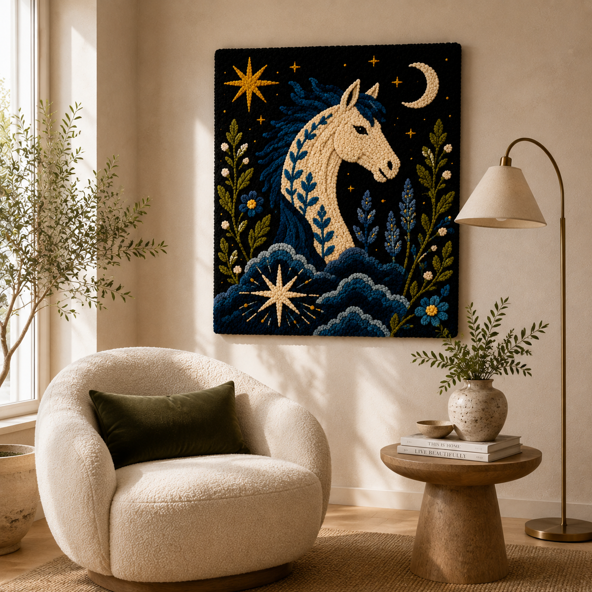 Hewn Earth Tidal Moon Horse wall art featuring a stylized horse silhouette against a textured, moon-inspired background.