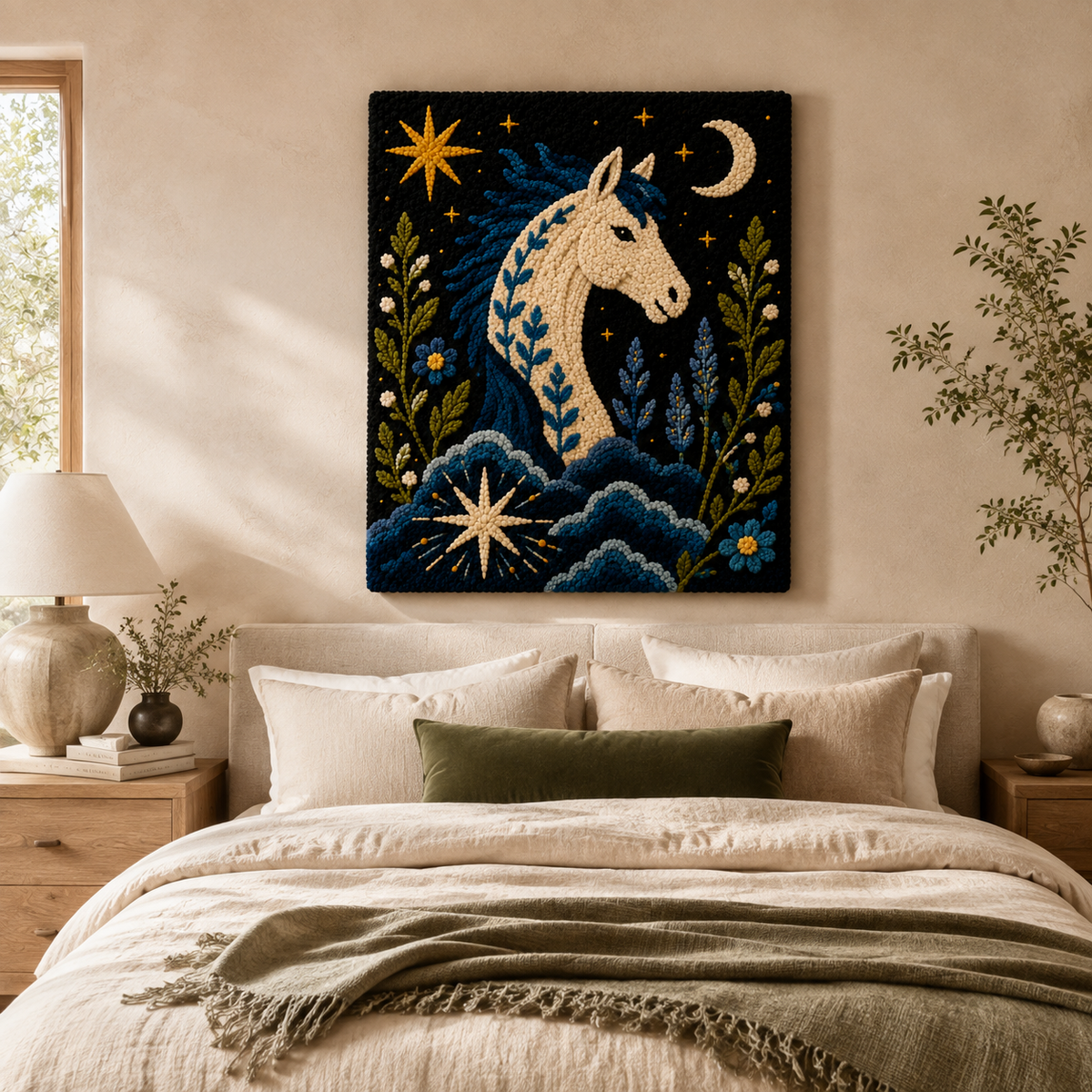 Hewn Earth Tidal Moon Horse wall art featuring a detailed moon and horse design on textured canvas.