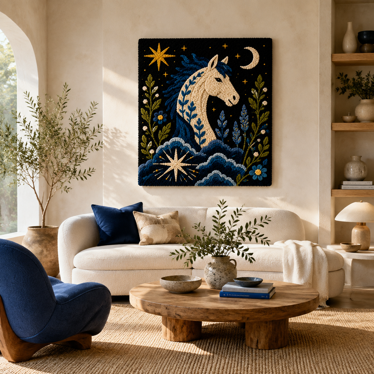 Hewn Earth Lunar Sea Stallion wall art depicting a detailed sea horse illustration on a neutral background.