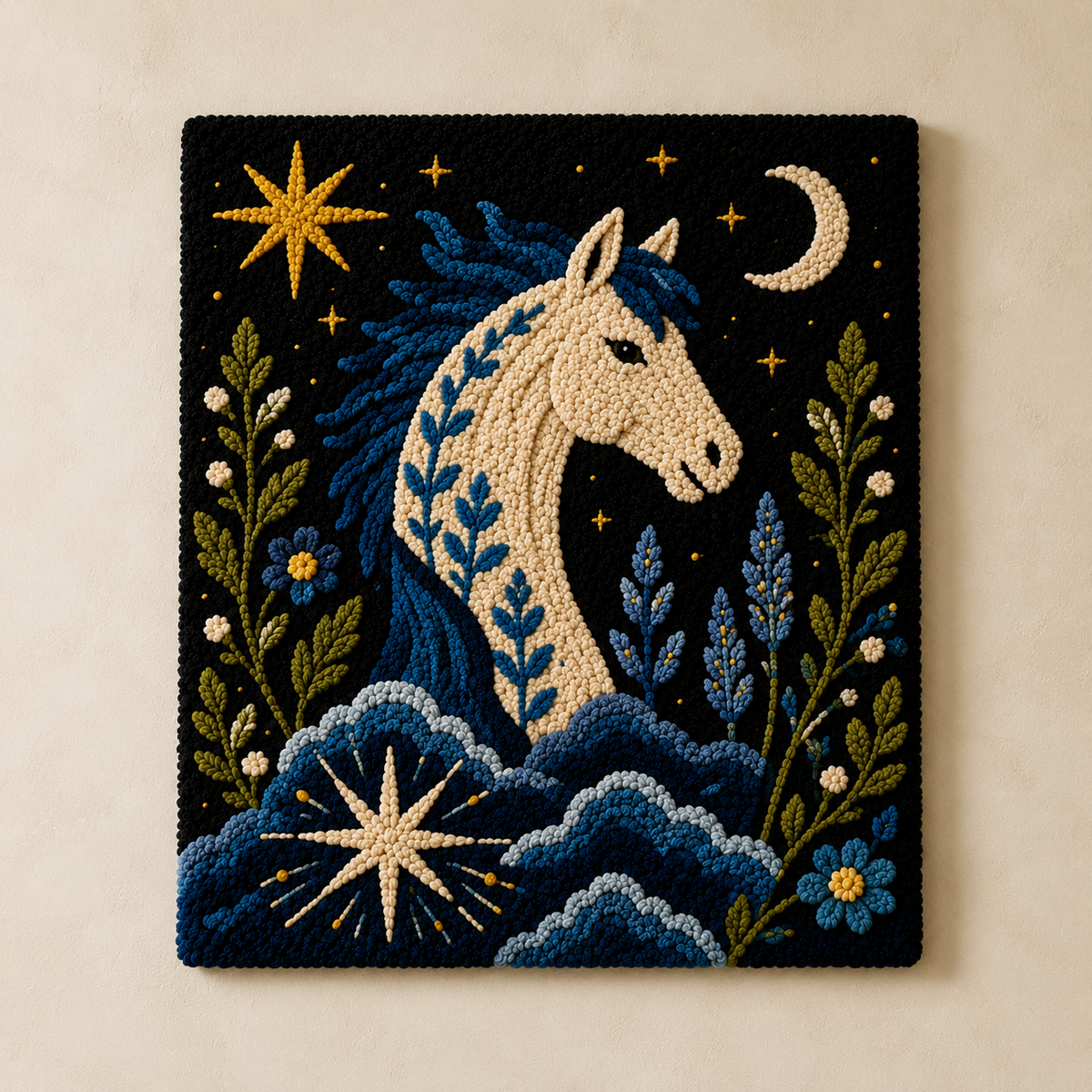 Hewn Earth Lunar Sea Stallion wall art featuring a detailed depiction of a mythical sea creature in a natural setting.