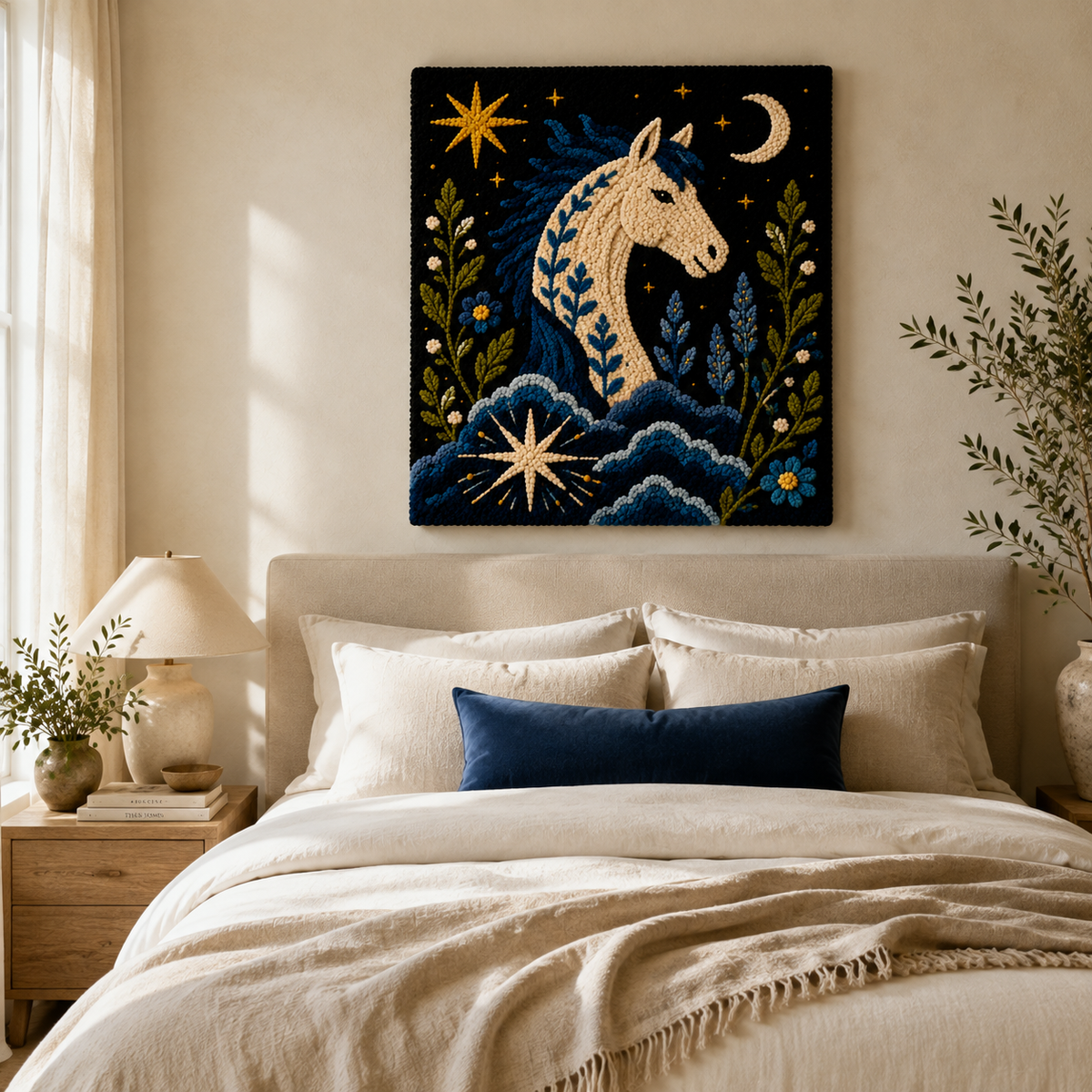 Lunar Sea Stallion Hewn Earth wall art featuring a majestic sea horse design on a textured background.