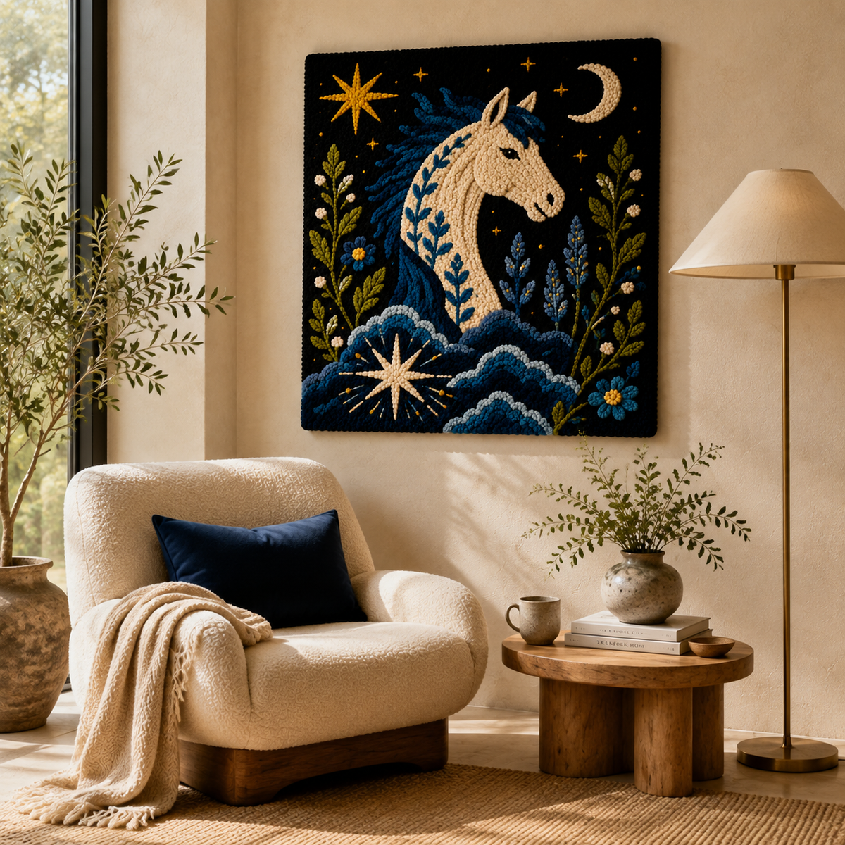 Hewn Earth Lunar Sea Stallion wall art featuring a detailed, mythical creature illustration on a neutral background.