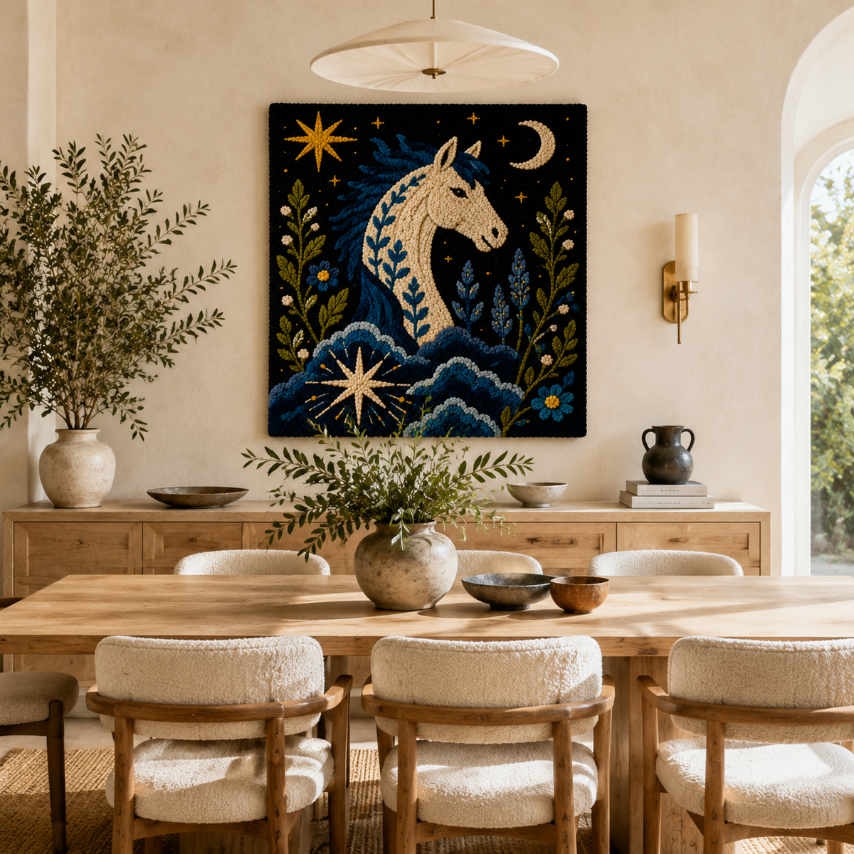 Hewn Earth Lunar Sea Stallion wall art featuring a detailed, celestial-inspired design with lunar and sea motifs.