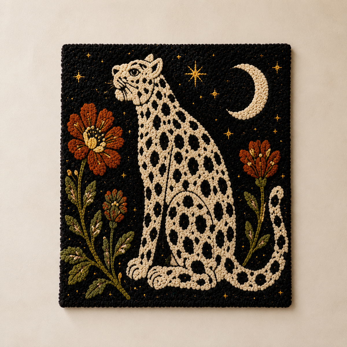 Leopard Garden Sentinel wall art by Hewn Earth featuring a detailed leopard design on a natural background.