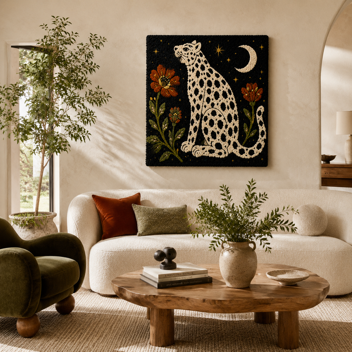 Crescent Leopard Bloom wall art by Hewn Earth featuring vibrant, abstract floral design on a neutral background.