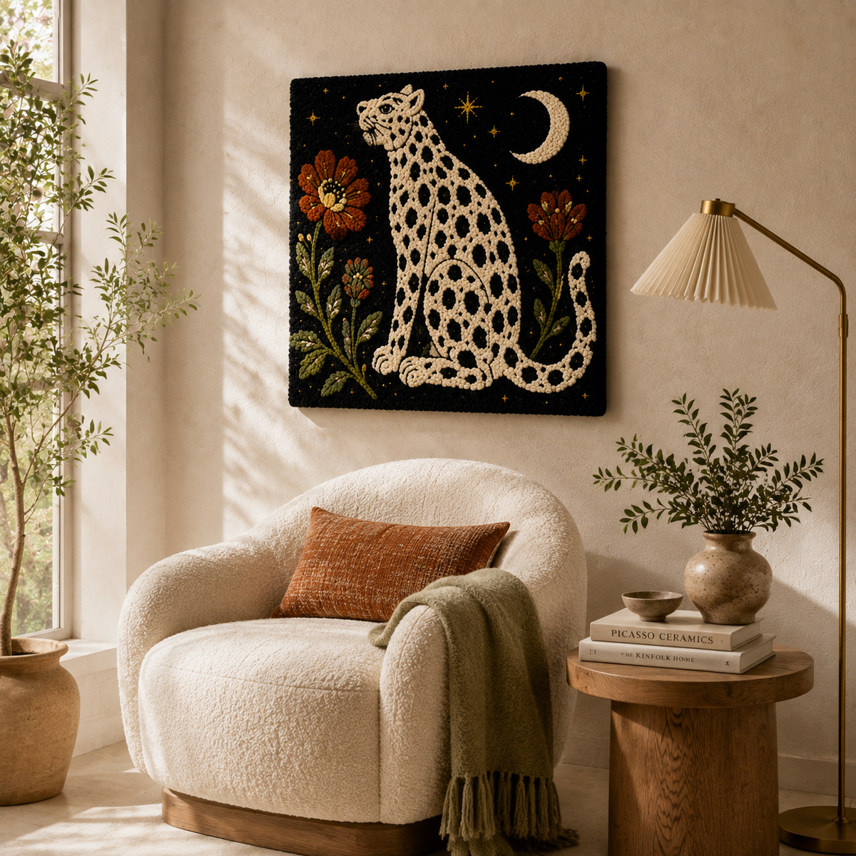 Leopard and crescent moon wall art by Hewn Earth featuring vibrant, abstract leopard print with a celestial crescent in bold colors.