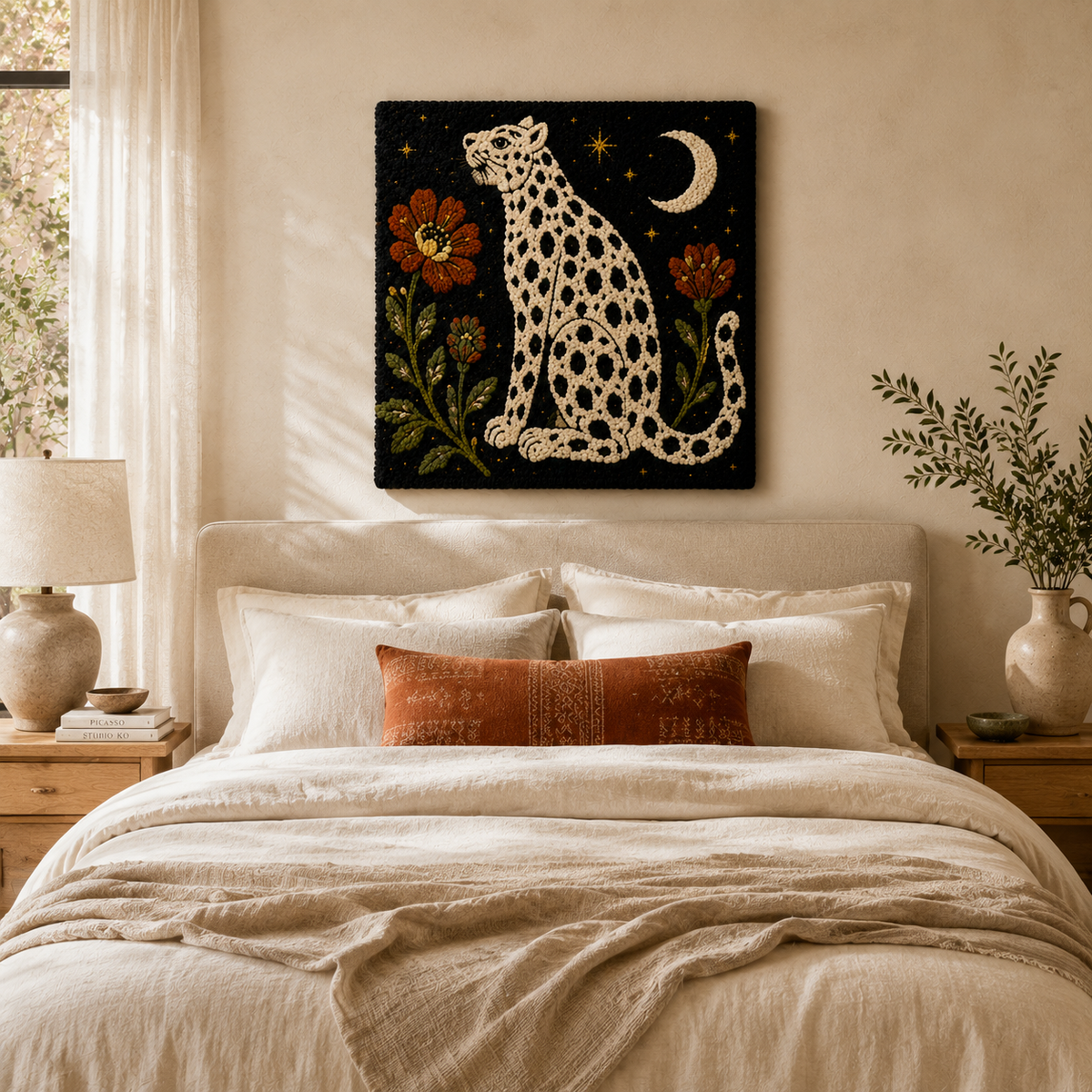 Leopard and floral wall art print by Hewn Earth featuring a crescent moon design with vibrant leopard and bloom motifs.