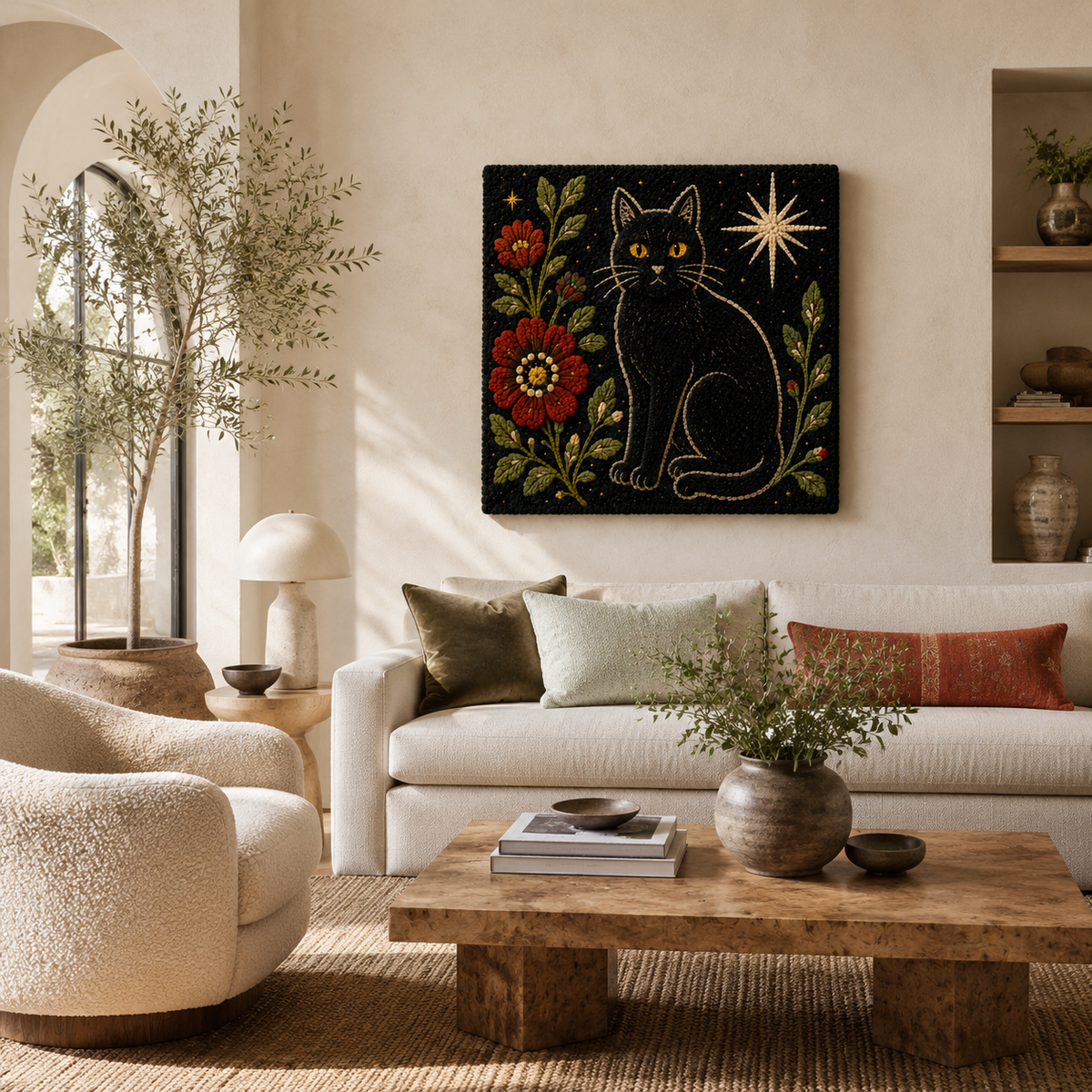 Hewn Earth Marigold Night Cat wall art featuring a vibrant marigold flower and a sleek feline silhouette on a wall.
