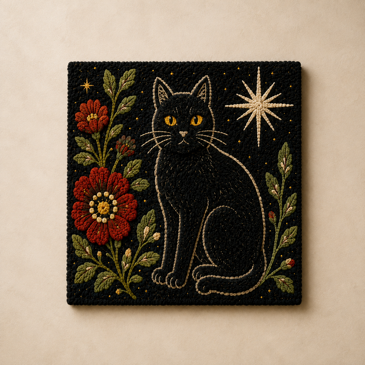Marigold Night Cat wall art by Hewn Earth featuring a vibrant, artistic depiction of a cat against a colorful background.