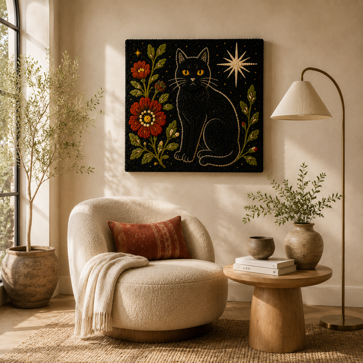 Marigold Night Cat wall art by Hewn Earth featuring a vibrant illustration of a cat with marigold flowers, suitable for home decor
