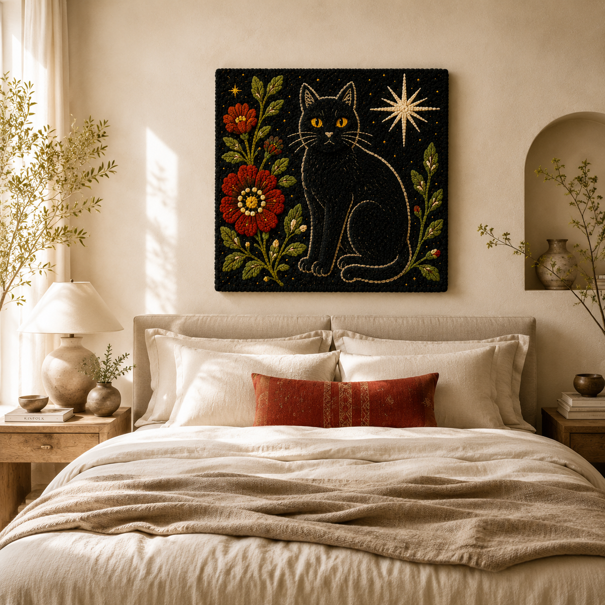 Marigold Night Cat wall art by Hewn Earth featuring a vibrant orange feline silhouette on a dark background.