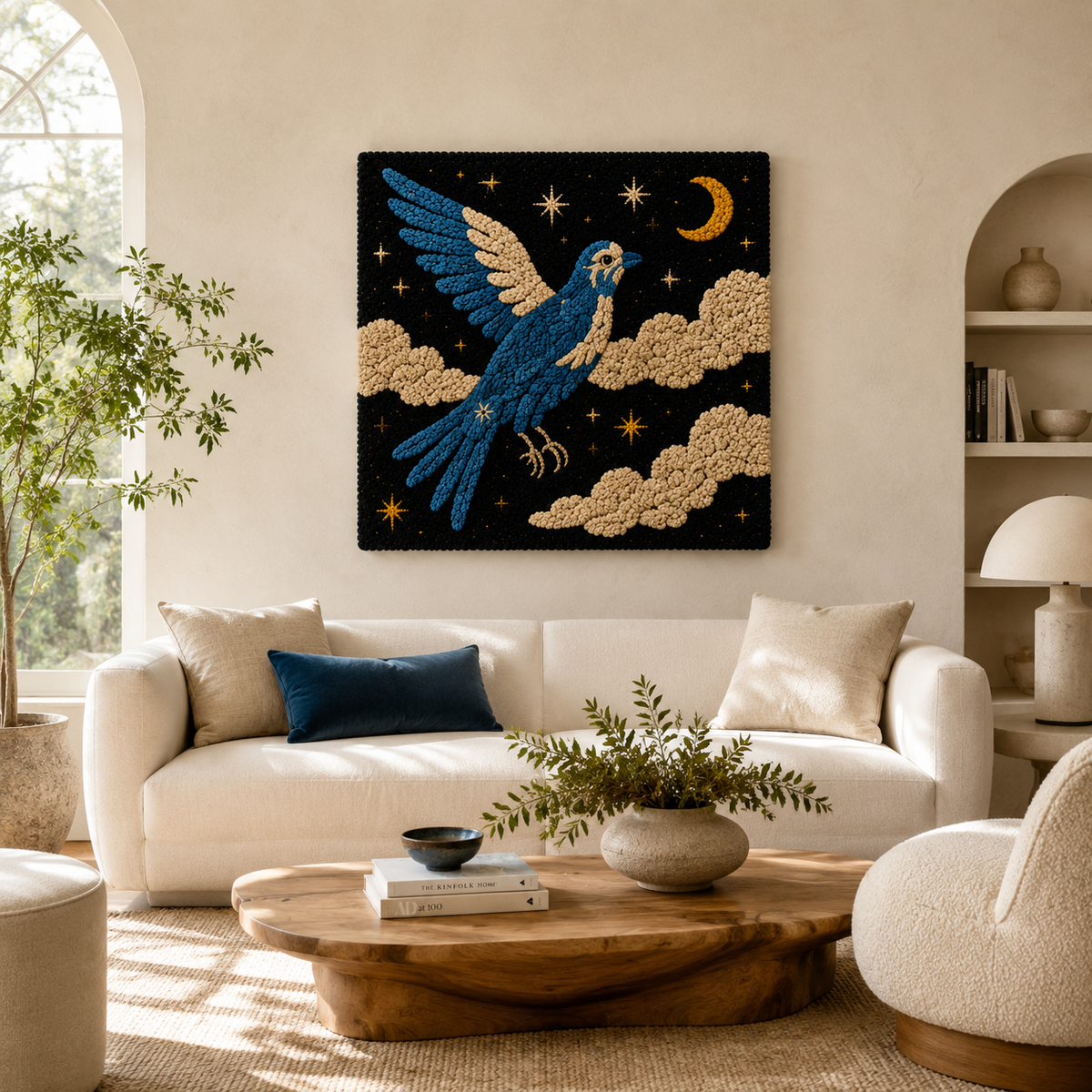 Hewn Earth Cloudflight Bluebird wall art featuring a detailed illustration of a bluebird perched on a branch, designed for wall decor.