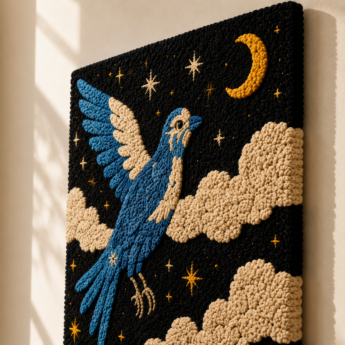 Hewn Earth Cloudflight Bluebird wall art featuring a detailed bluebird design on a textured background.
