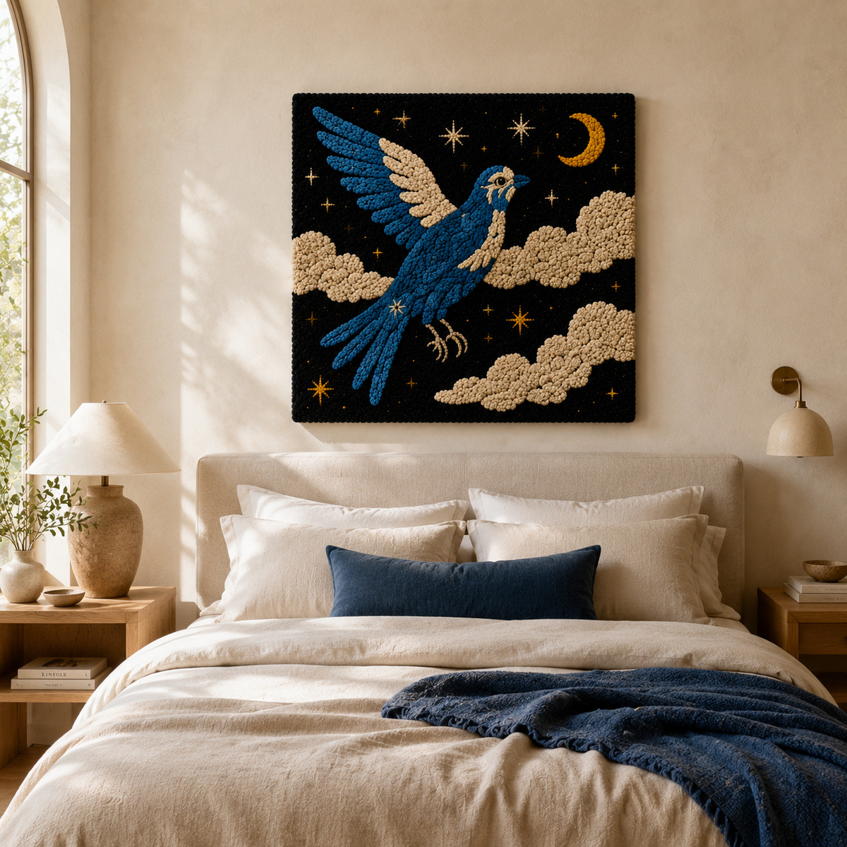 Hewn Earth Cloudflight Bluebird wall art featuring a bluebird illustration on a minimalistic background.