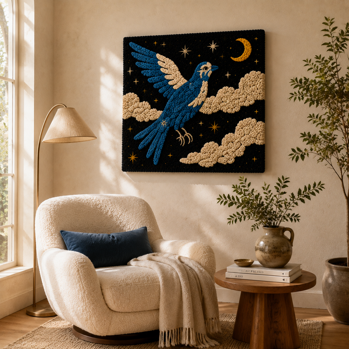 Hewn Earth Cloudflight Bluebird wall art featuring a blue and white abstract bird design on a textured background
