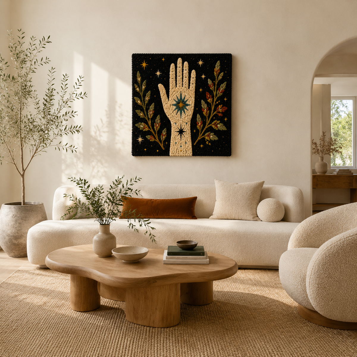 Hewn Earth Palm of the Cosmos wall art featuring a detailed cosmic palm print on a neutral background.