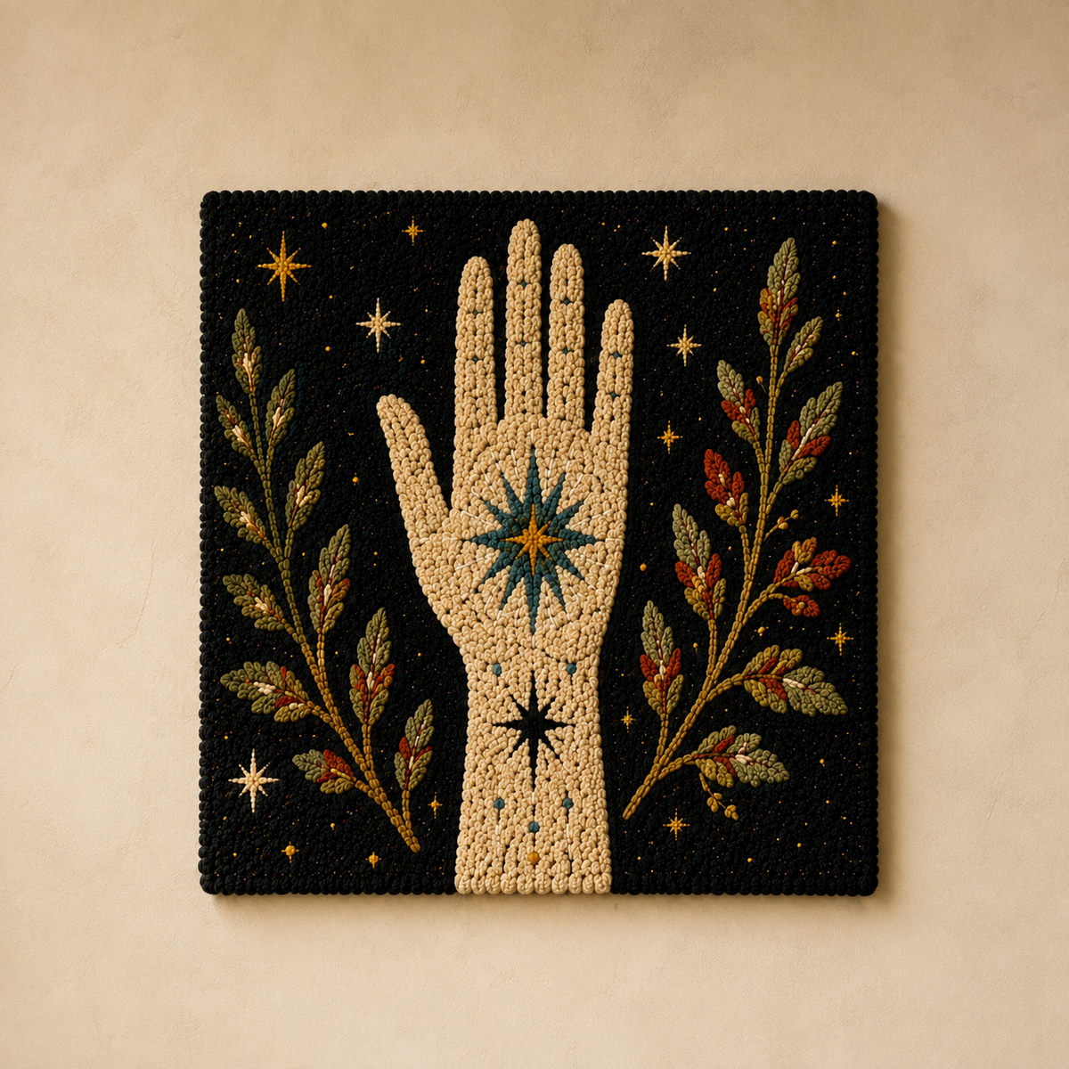 Hewn Earth Palm of the Cosmos wall art depicting a cosmic palm design on a light background