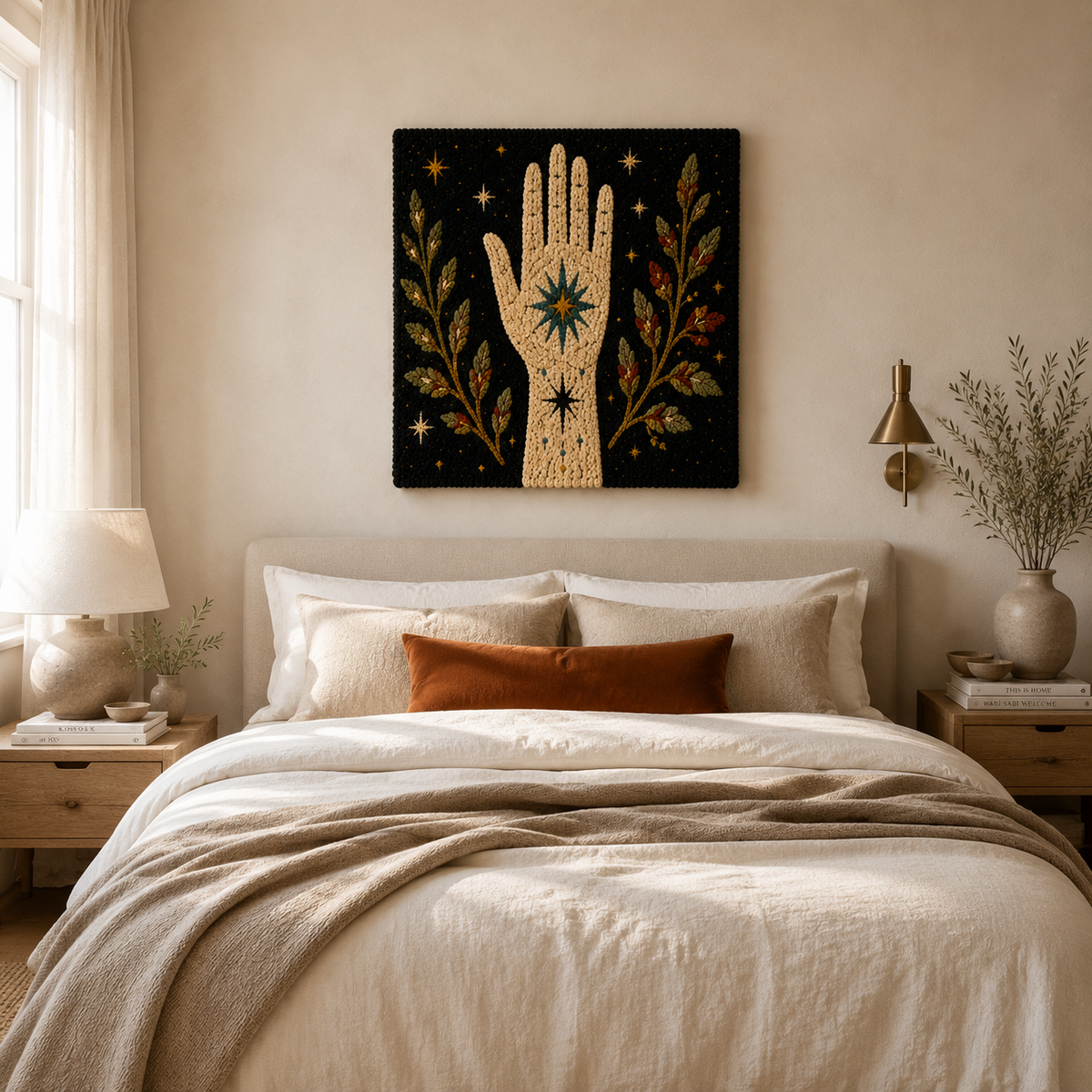 Hewn Earth Palm of the Cosmos wall art featuring a detailed cosmic palm print on a neutral background.