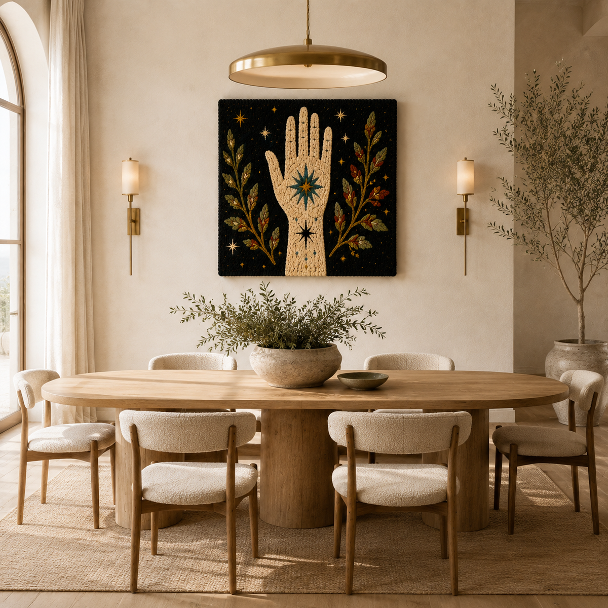 Hewn Earth Palm of the Cosmos wall art featuring a detailed cosmic palm print on textured canvas.