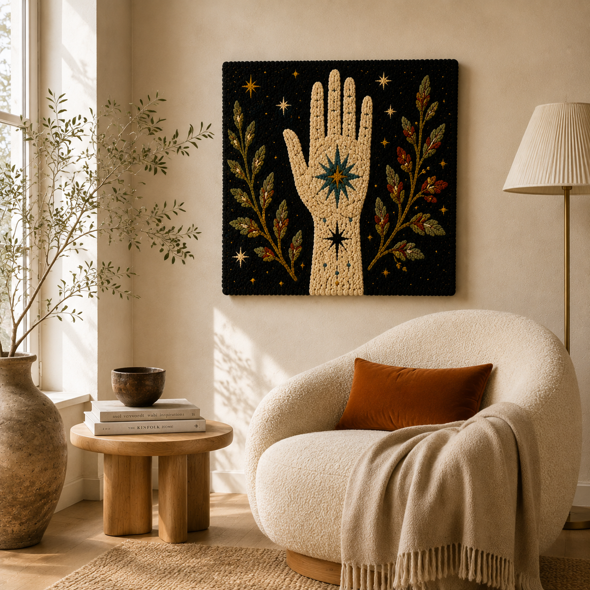 Hewn Earth Wall Art titled "Palm of the Cosmos" featuring a cosmic-inspired design with celestial and palm motifs.