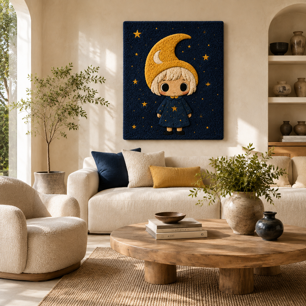 Hewn Earth Little Crescent Dreamer wall art featuring a serene, abstract crescent moon design on a neutral background.
