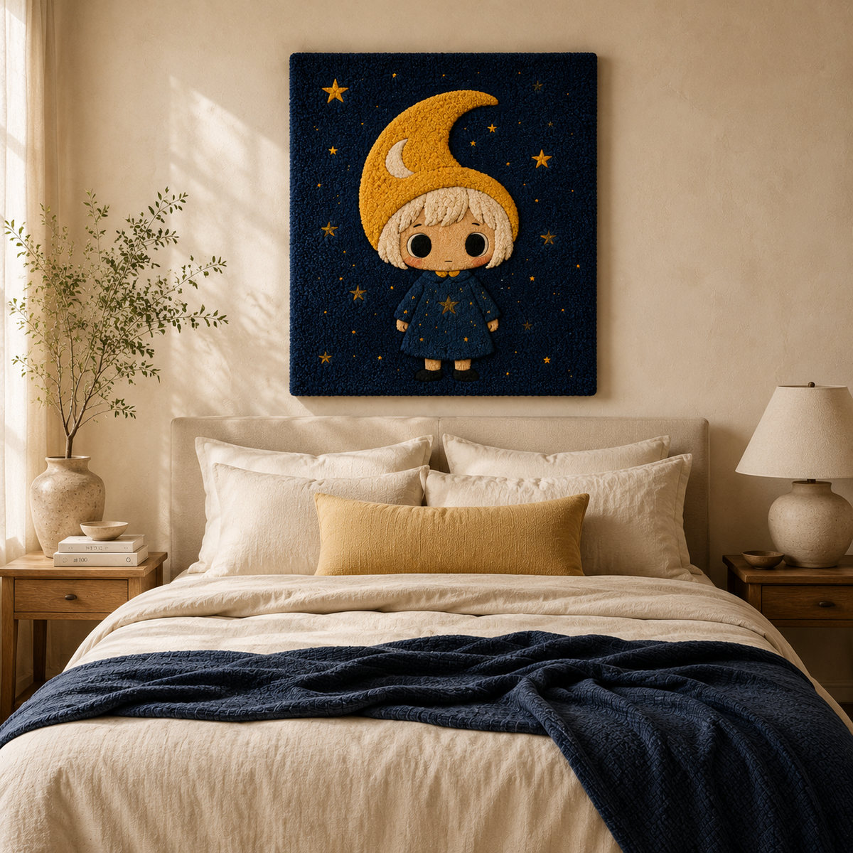 Little Crescent Dreamer wall art by Hewn Earth featuring a serene crescent moon design for bedroom decor.