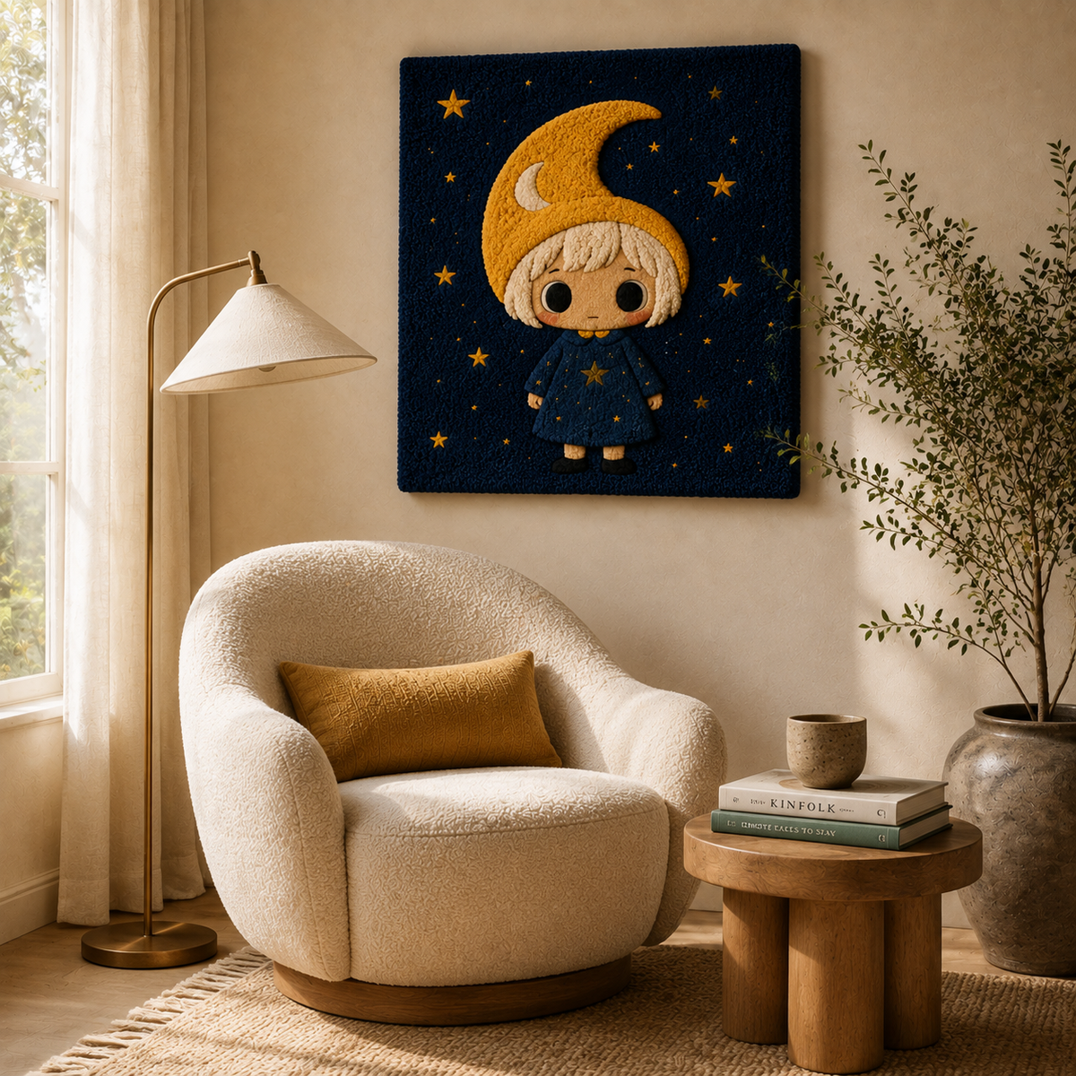 Hewn Earth Little Crescent Dreamer wall art featuring a crescent moon and dreamy landscape in soft, muted colors.