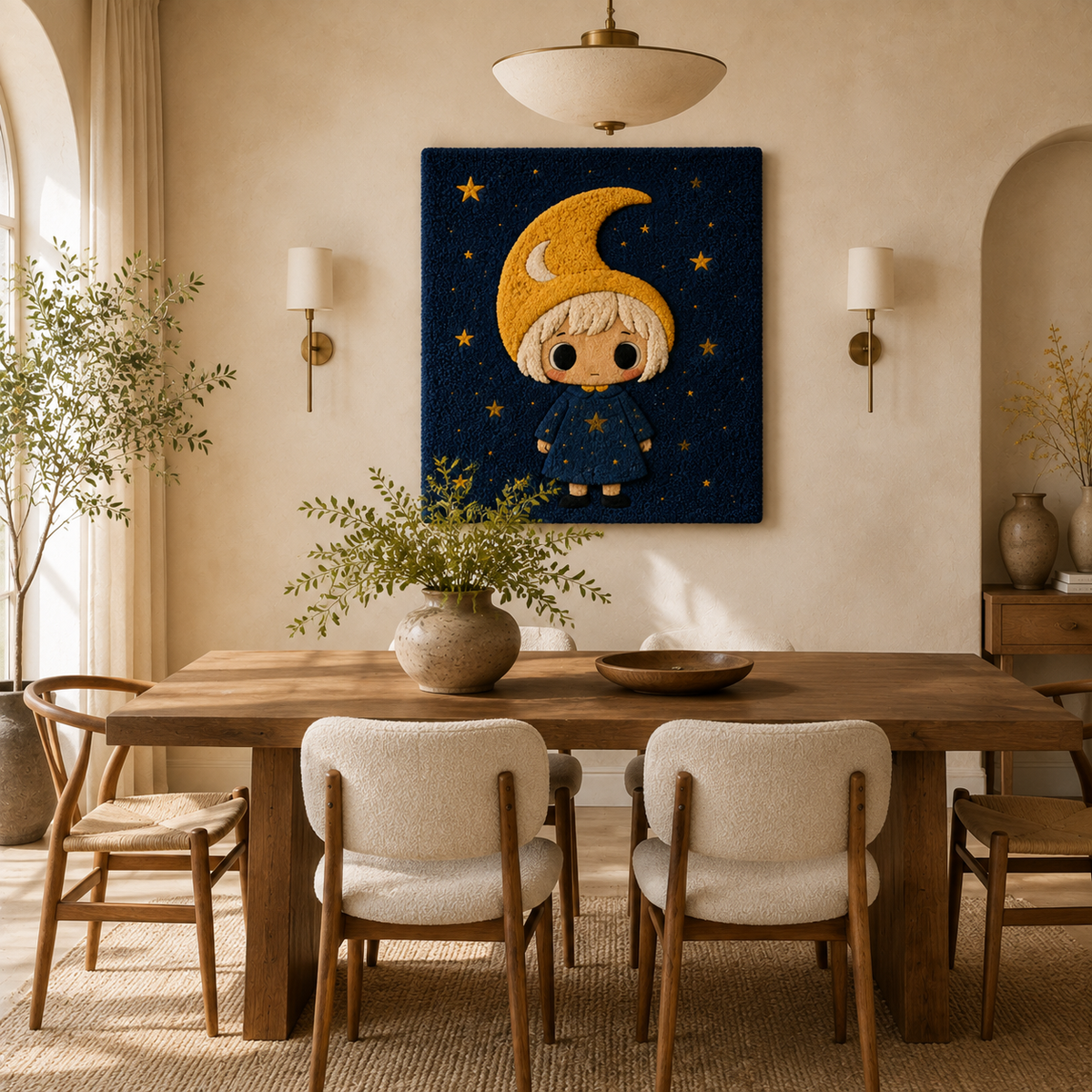 Little Crescent Dreamer wall art by Hewn Earth featuring a serene crescent moon design on a textured canvas.