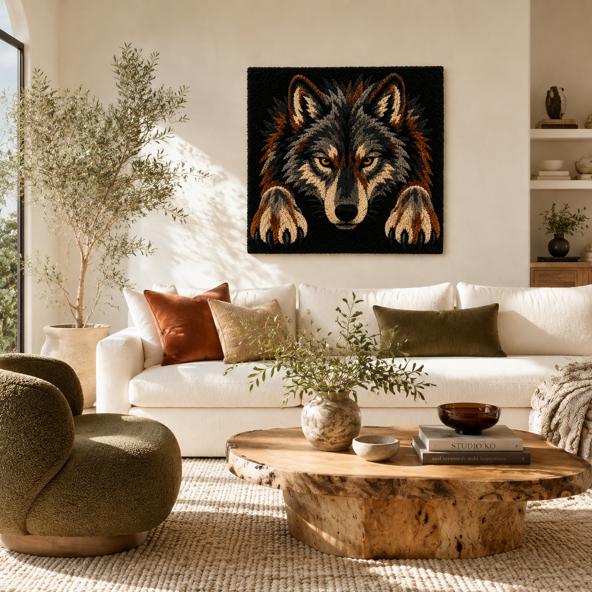 Woodland Wolf Wall Art by Hewn Earth featuring a detailed illustration of a wolf in a natural woodland setting.