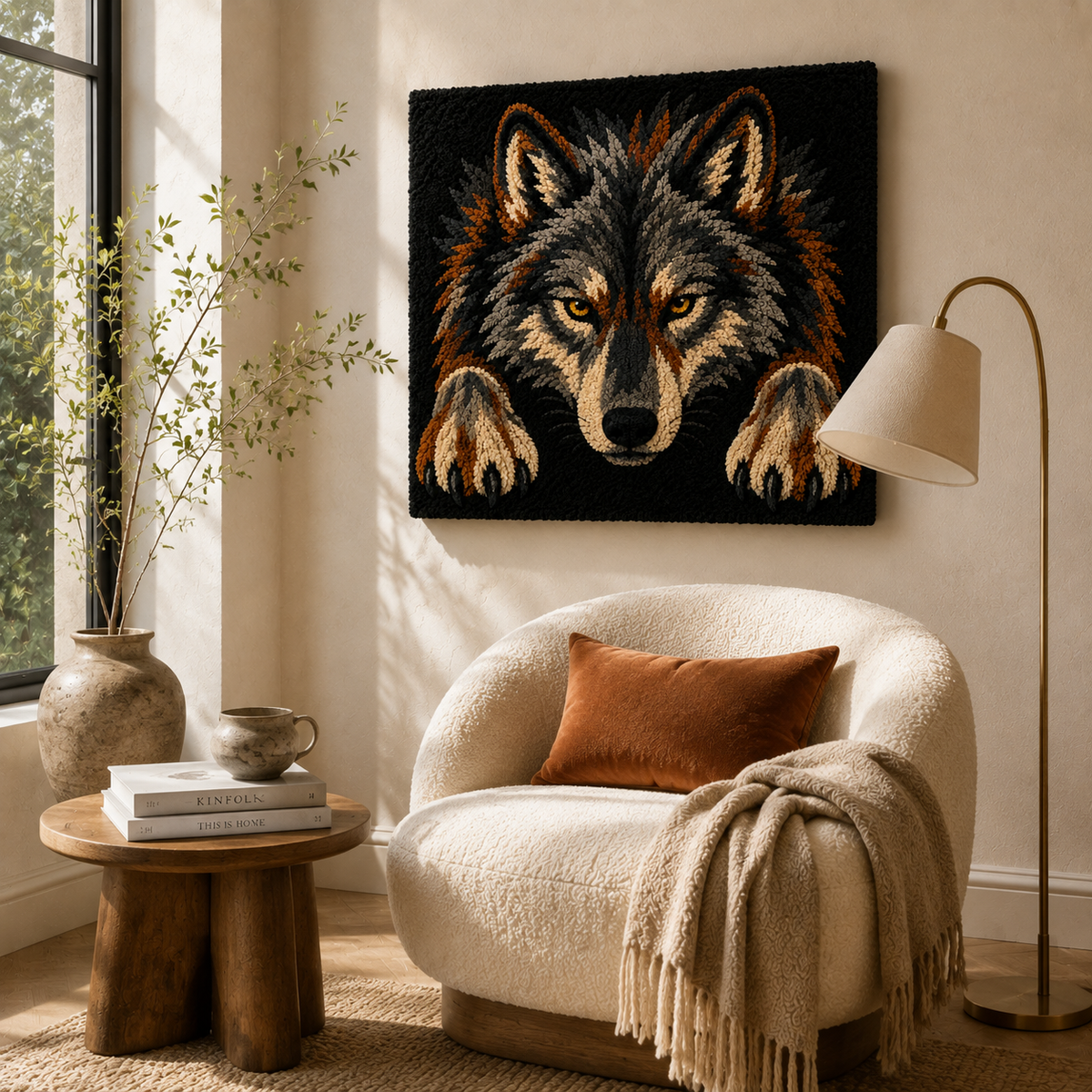 Woodland Wolf Wall Art by Hewn Earth featuring a detailed painted wolf scene on a natural wooden background.