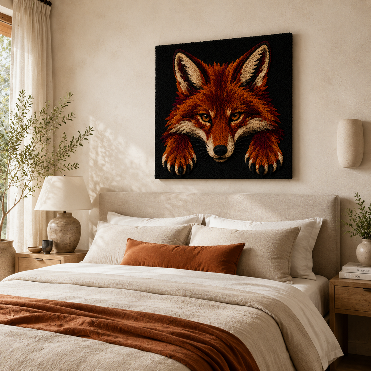 Hewn Earth Ember Fox wall art featuring a stylized fox silhouette in warm tones, suitable for modern home decor.