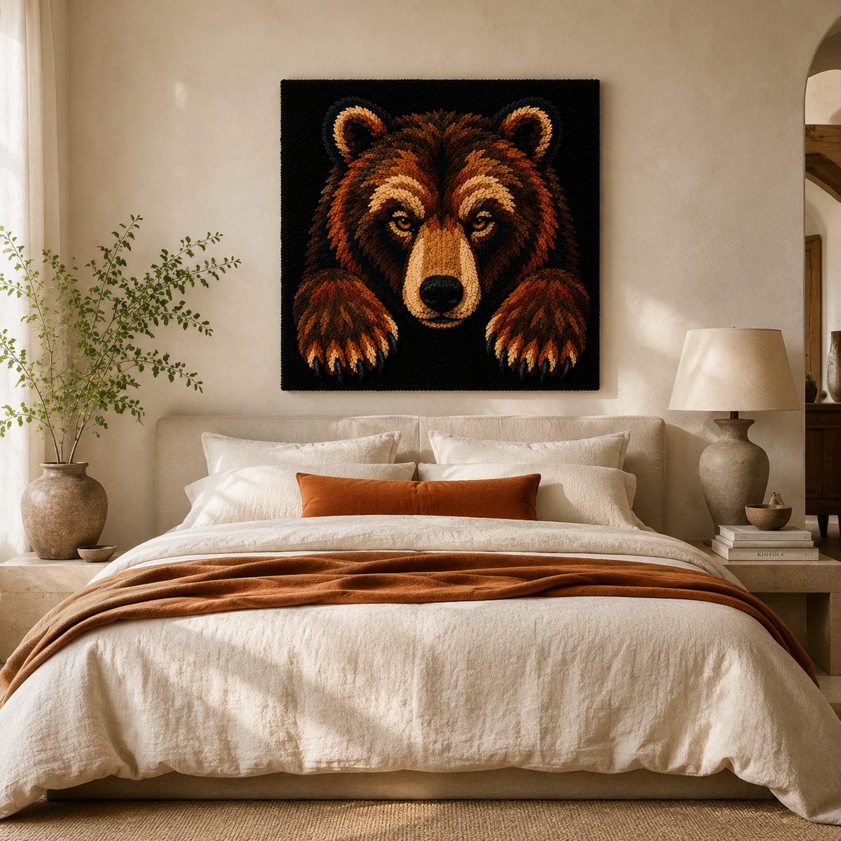 Hewn Earth Hearthside Bear Watch wall art featuring a detailed bear illustration on textured background.