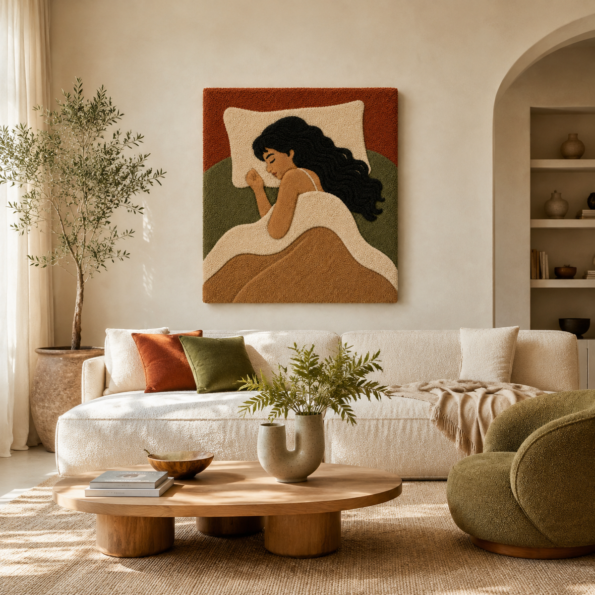 Reclining Terra Muse wall art by Hewn Earth, featuring earthy tones and abstract design, displayed on a modern room wall.
