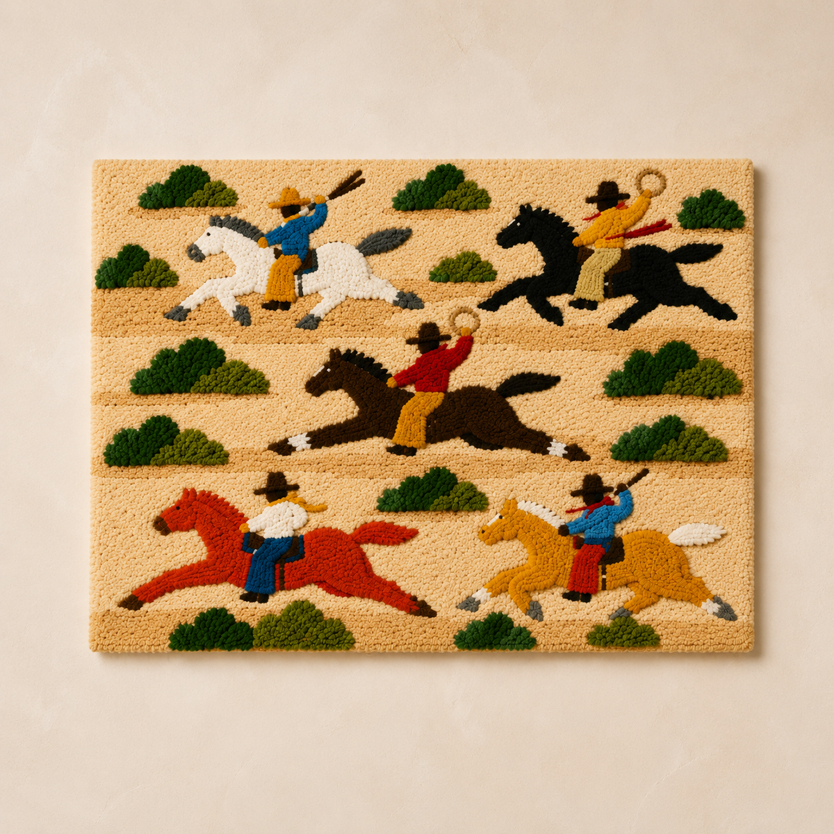 Joyful Field Runners wall art by Hewn Earth showcasing vibrant, colorful abstract landscape artwork on a wall.