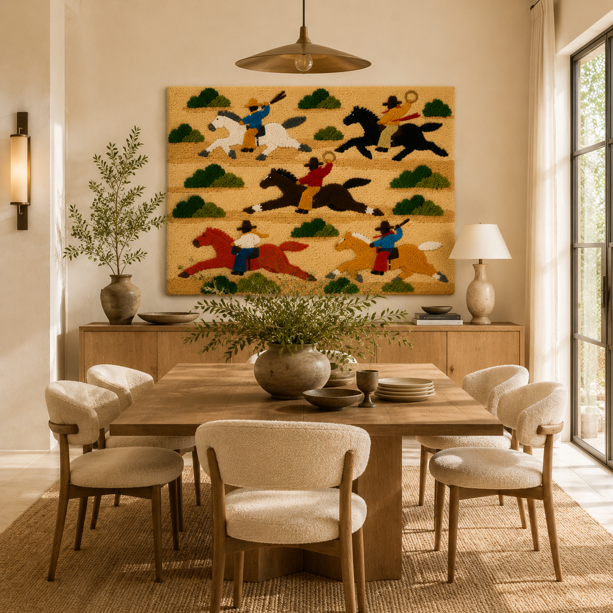 Colorful wall art of joyful field runners by Hewn Earth, vibrant nature-inspired mural for home or office decor.