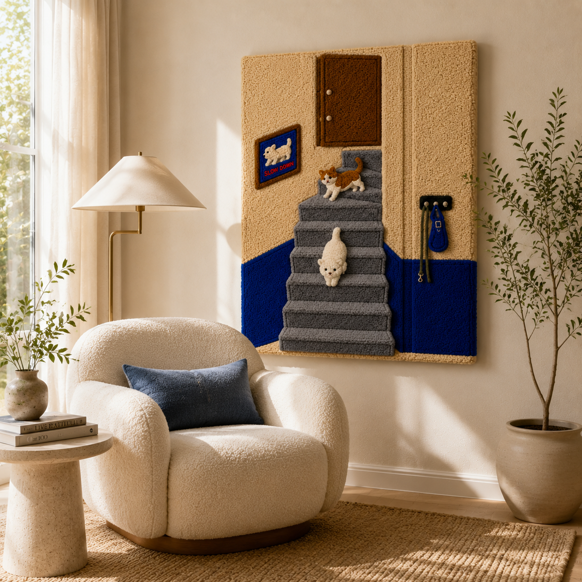 Hewn Earth Rabbit Stairwell Tale wall art featuring a whimsical rabbit illustration on a textured background.