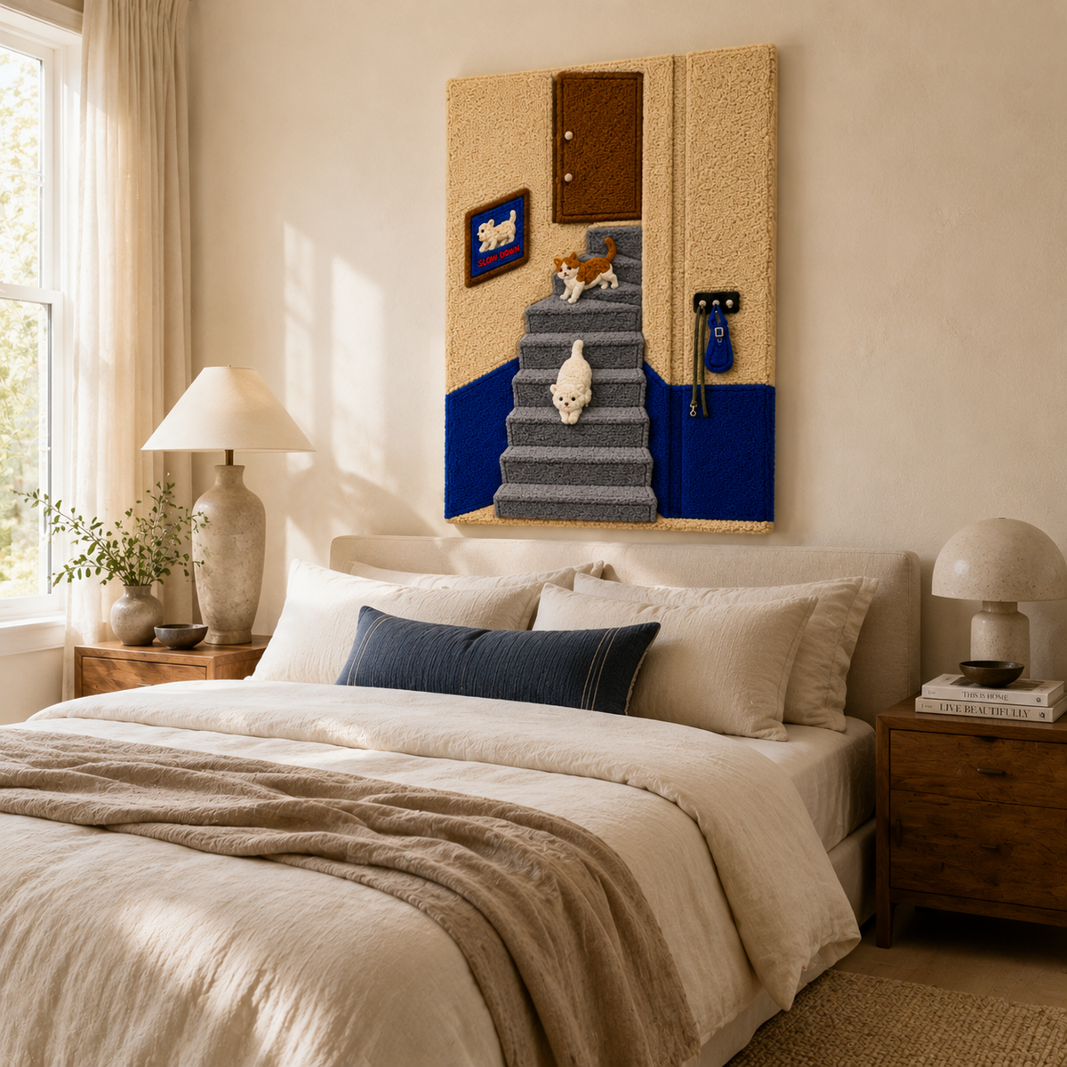 Hewn Earth Rabbit Stairwell Tale wall art featuring a whimsical rabbit illustration on a textured background.