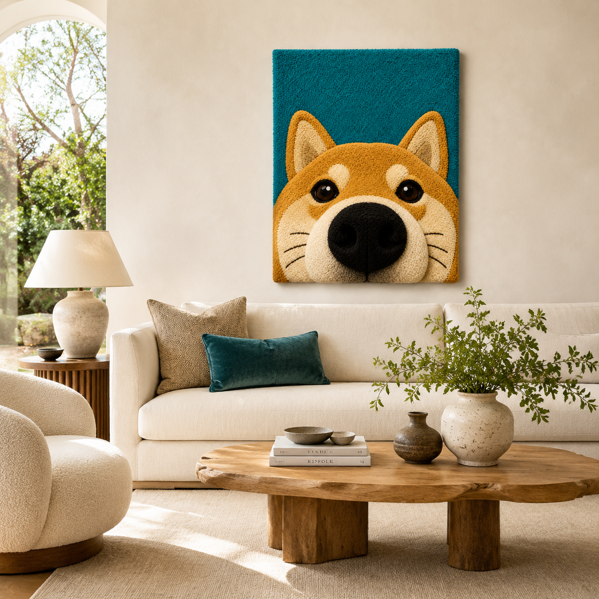 Hewn Earth teal Corgi Hello wall art, colorful illustrated dog hanging on a wall in a modern room interior