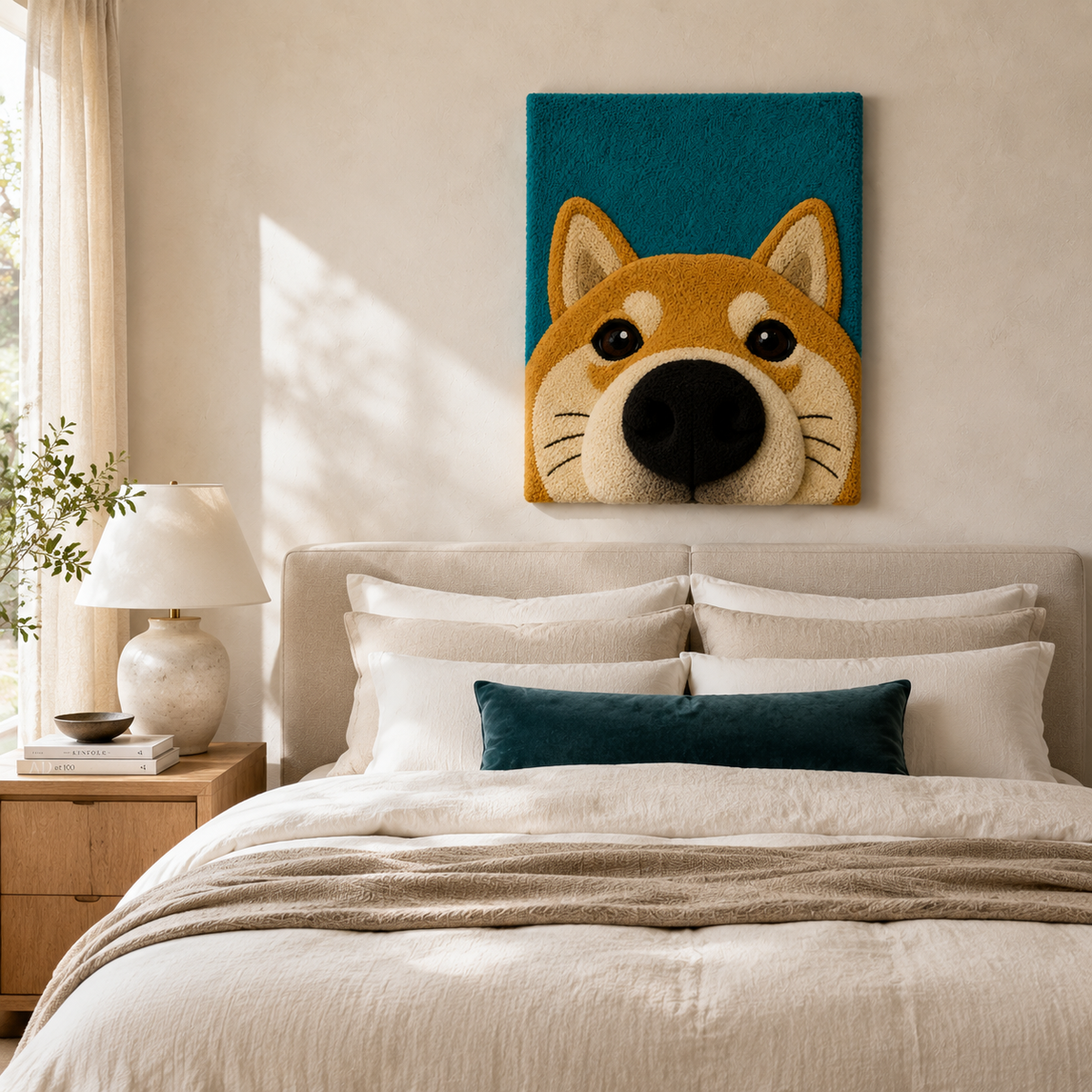 Teal Corgi Hello wall art by Hewn Earth featuring a playful teal corgi with "Hello" text, suitable for home decor.