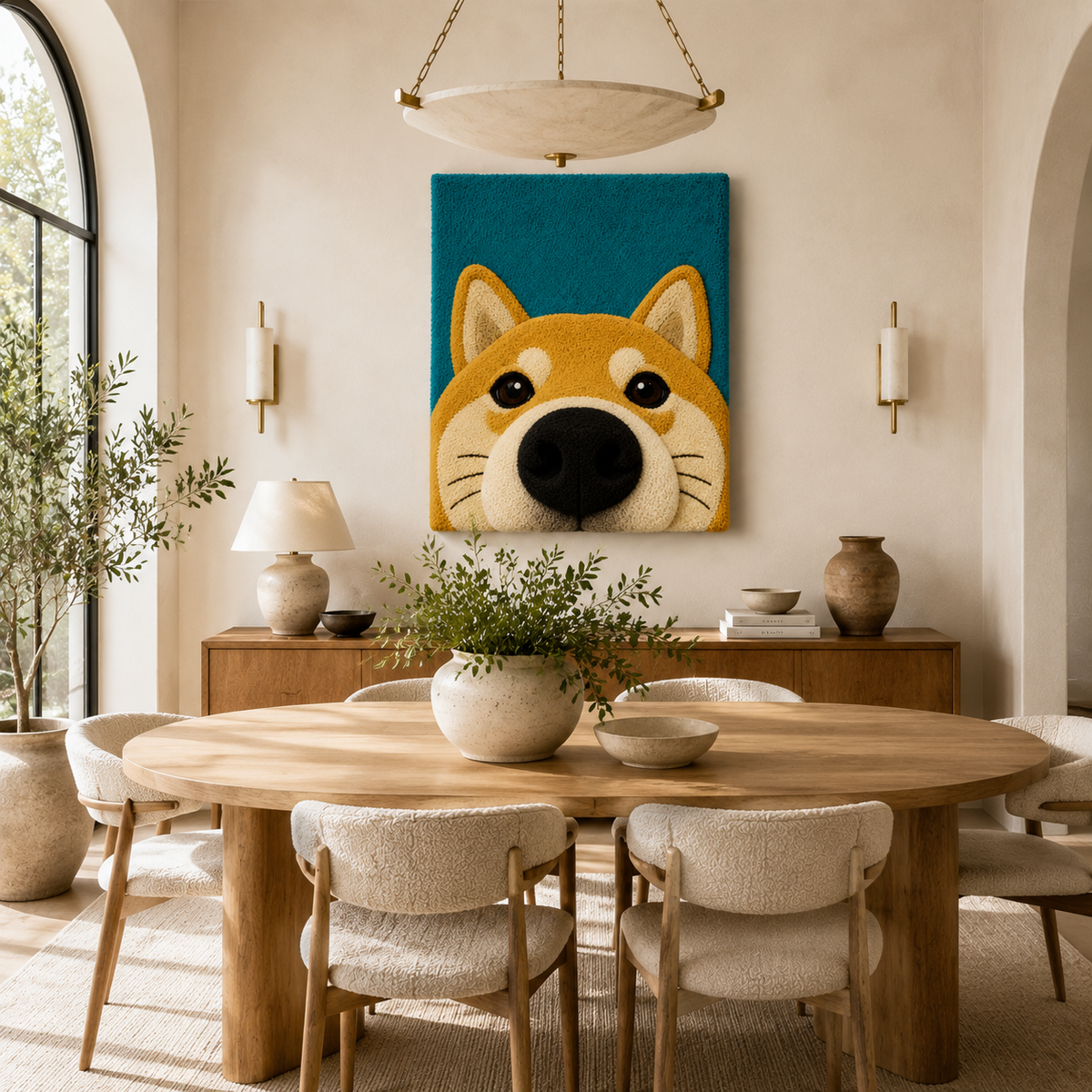 Teal Corgi Hello wall art by Hewn Earth featuring a playful corgi illustration on a neutral background.