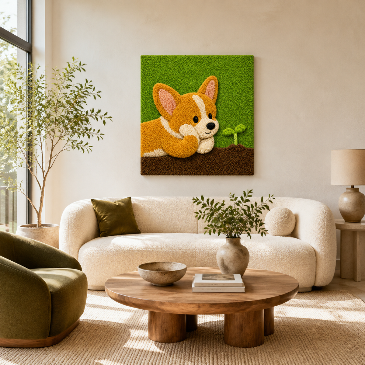 Green Meadow Corgi wall art by Hewn Earth, featuring a charming illustration of a corgi dog in a lush meadow setting.