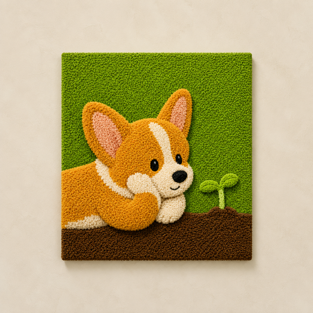 Green Meadow Corgi wall art by Hewn Earth featuring a colorful illustration of a Corgi dog in a scenic meadow setting.