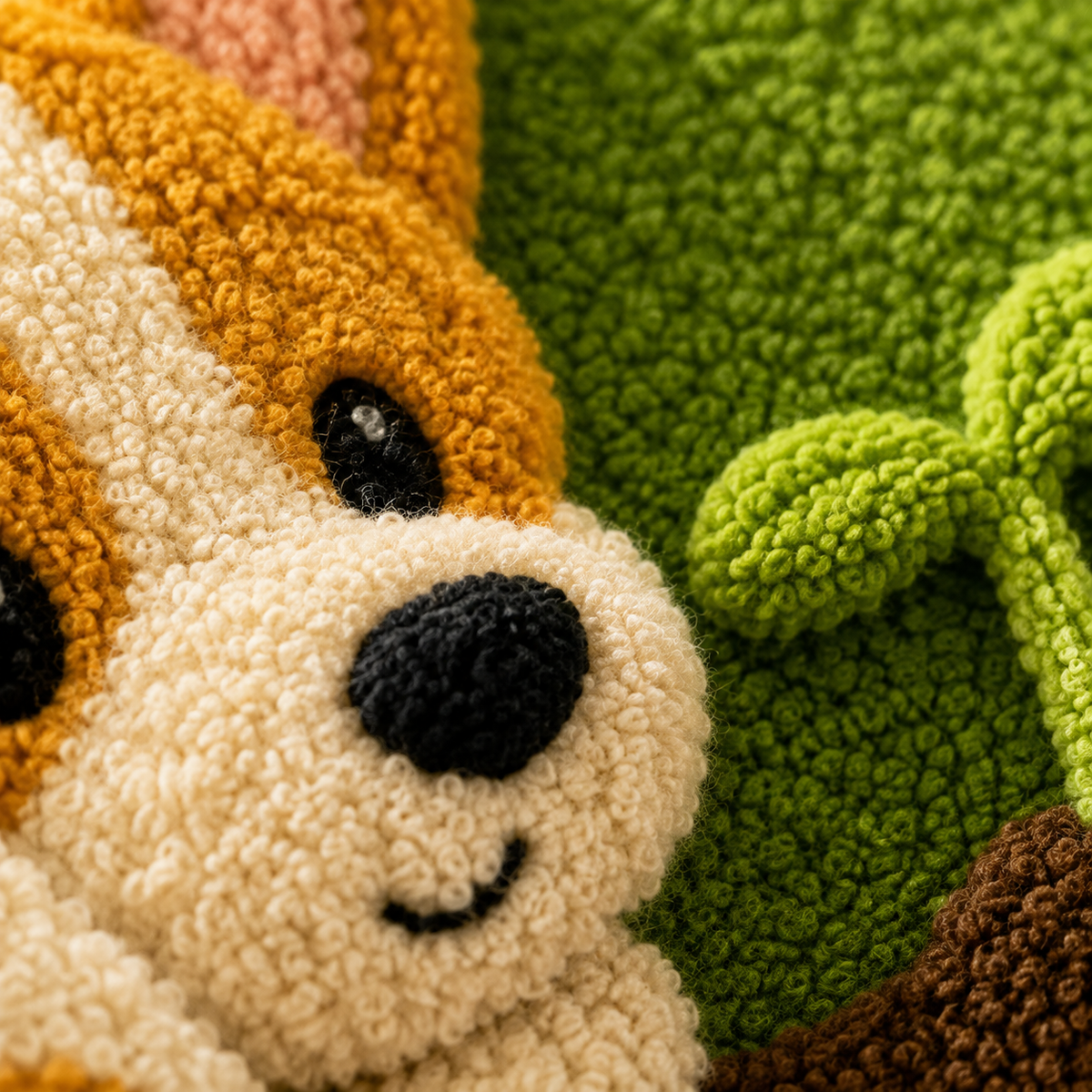 Close-up of Green Meadow Corgi wall art by Hewn Earth, featuring detailed, vibrant green tones and playful dog illustration.