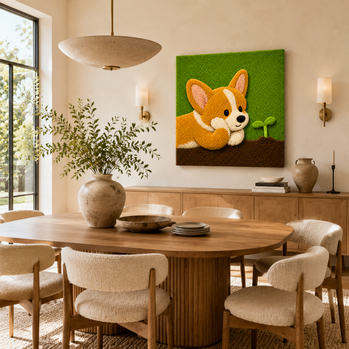Green Meadow Corgi wall art by Hewn Earth featuring a charming illustration of a corgi in a lush green meadow.