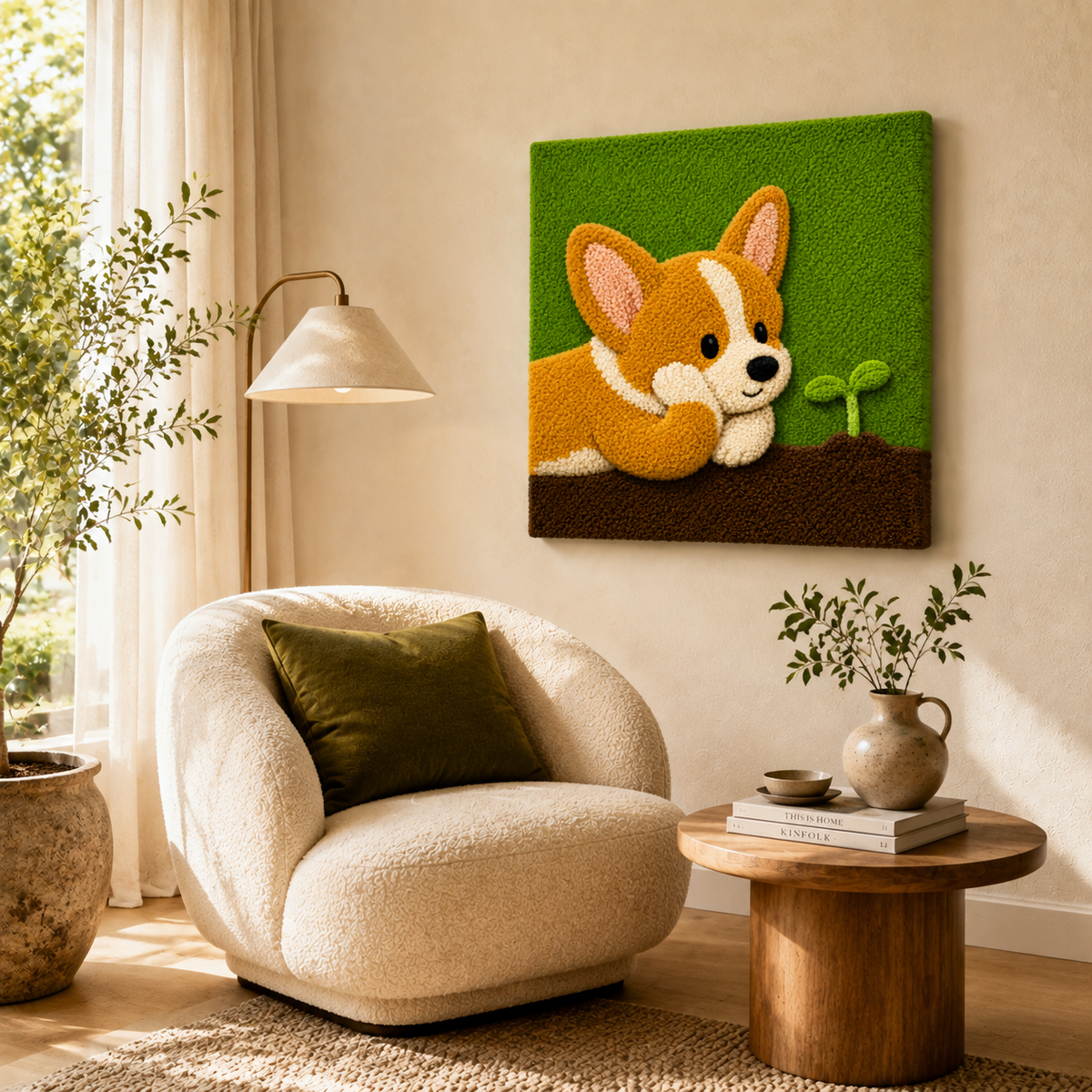 Green Meadow Corgi wall art by Hewn Earth featuring a playful corgi in a lush green meadow scene.