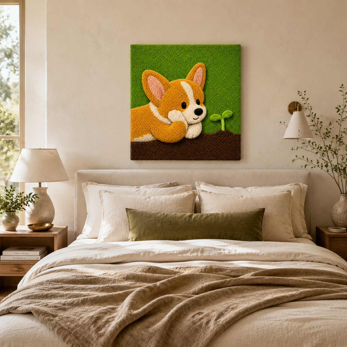Green Meadow Corgi wall art by Hewn Earth featuring a charming illustration of a Corgi dog in a lush green meadow scene.